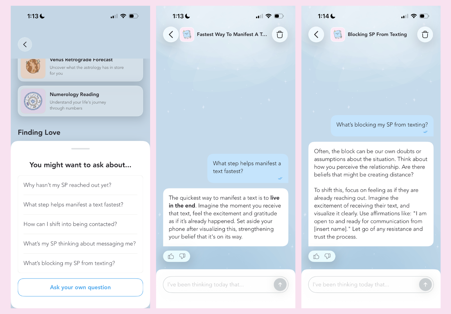 Manifest app Explore Topics screen highlighting the Psychic Reading chat and the “Get Your SP to Text You” chat under Finding Love