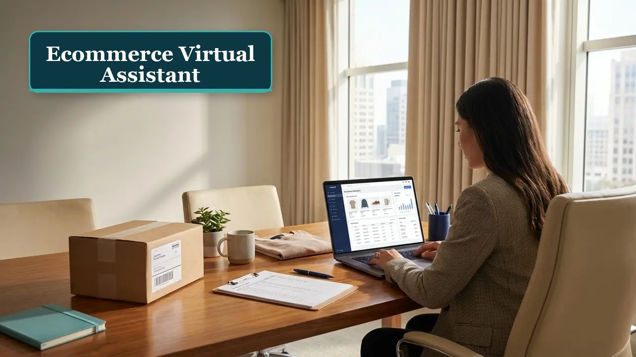 Ecommerce virtual assistant reviewing product and operations workflows in a modern workspace
