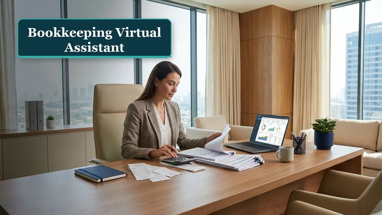 Bookkeeping virtual assistant reviewing financial records and monthly reports from a modern desk