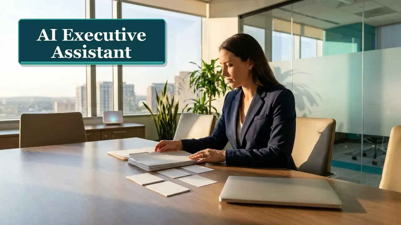 Executive assistant using AI tools on a laptop to draft, summarize, and schedule work