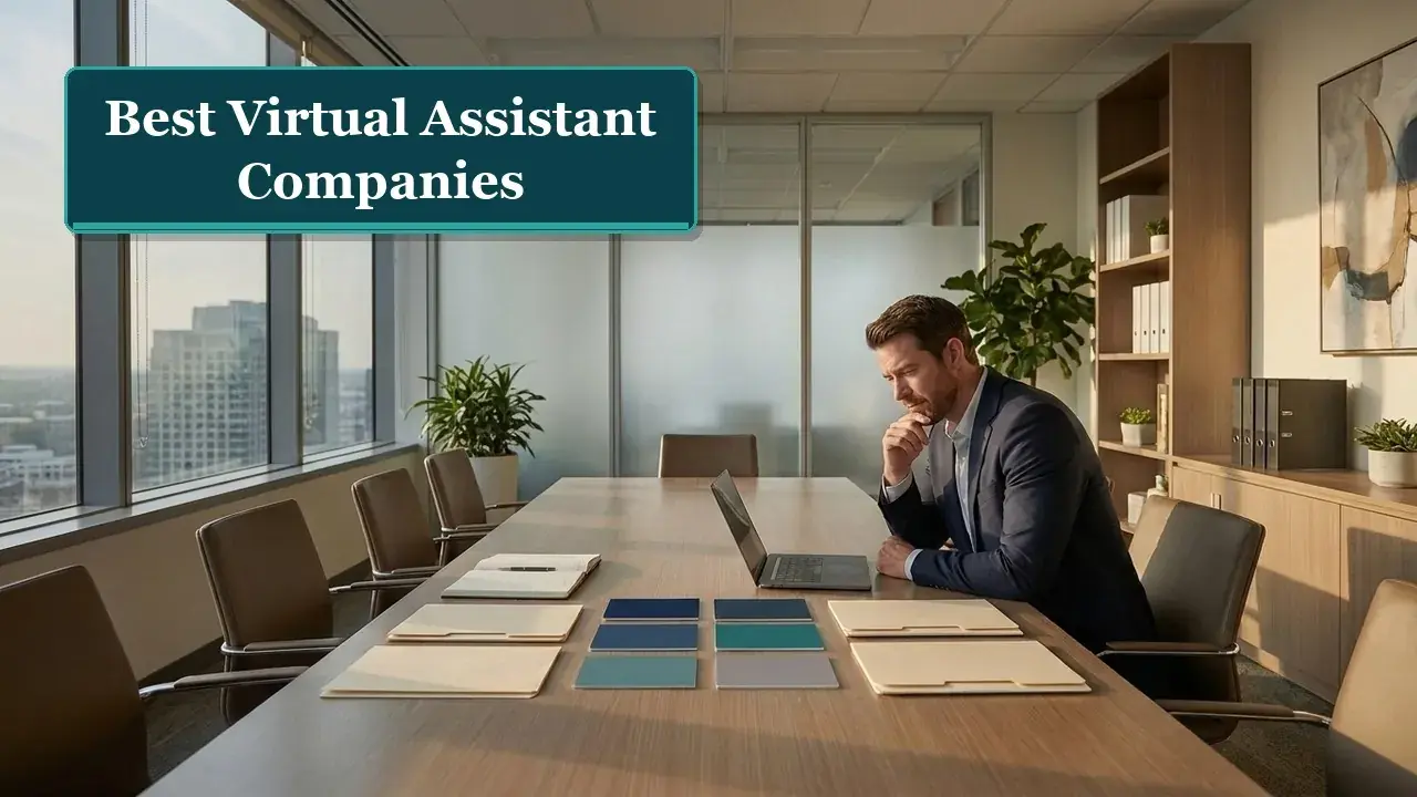 Business leader comparing virtual assistant companies on a laptop to choose the right provider