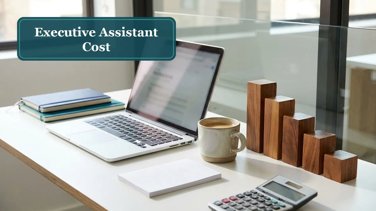 Executive assistant cost: desk with laptop, calculator, and wooden blocks forming a descending bar chart
