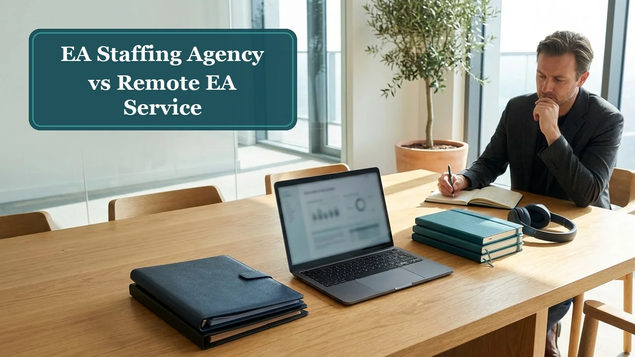EA staffing agency vs. remote EA service: executive taking notes at a conference table while weighing options