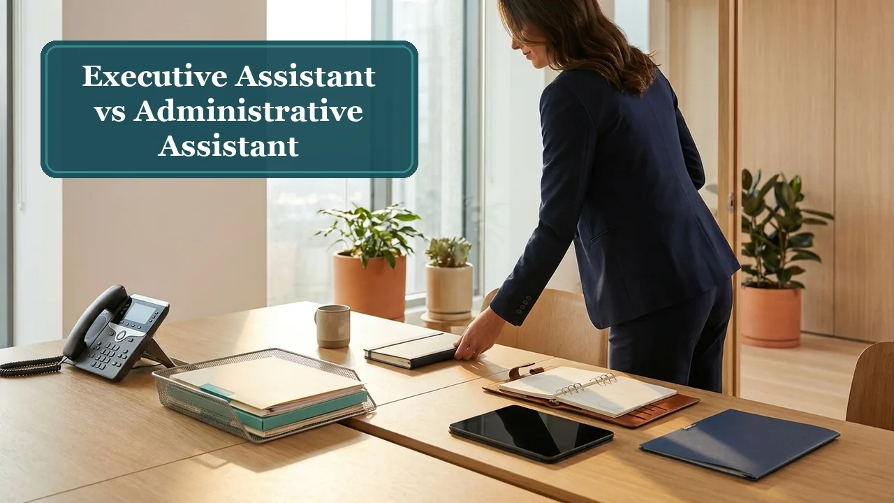 Executive assistant vs. administrative assistant: professional organizing documents, planner, and files at an office desk