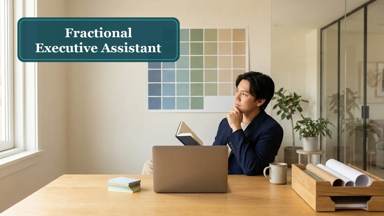 Fractional executive assistant: founder pausing over a notebook at his desk, weighing part-time vs. full-time support
