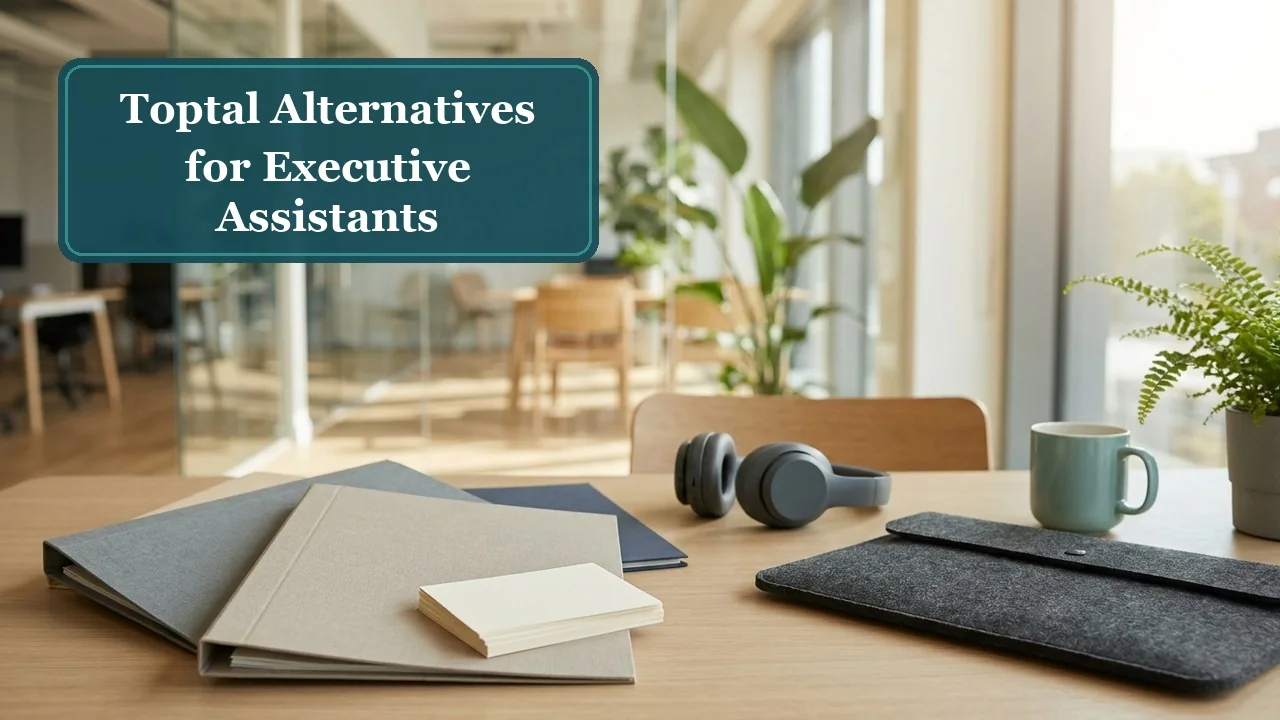 Toptal alternatives for executive assistants: folders, headphones, and a laptop sleeve on a bright coworking desk
