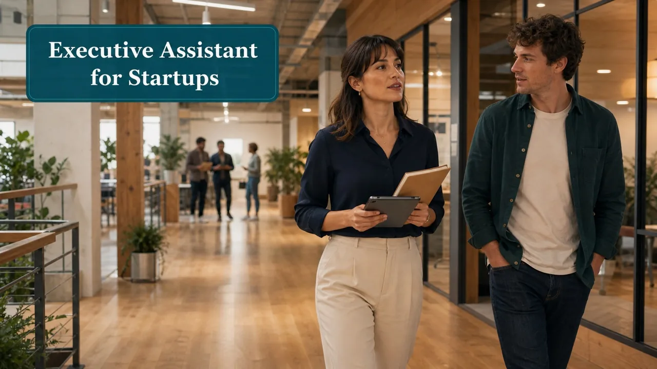 Two colleagues walking and talking through an open-plan startup office, one carrying a tablet and folder