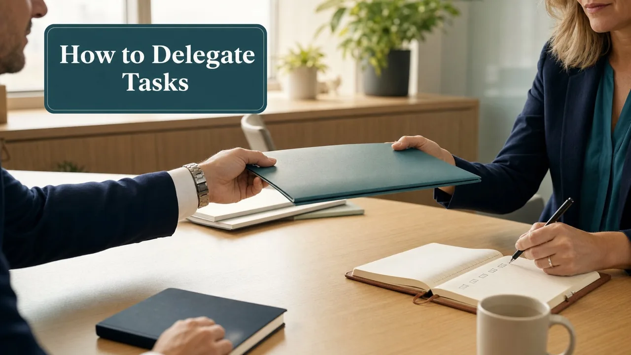 One colleague hands a folder across a desk to another, who is ticking items off in a notebook