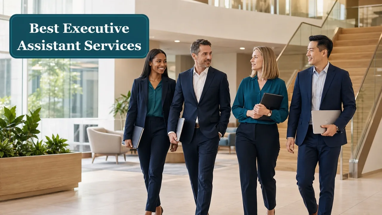 Four professionals in business dress walking together through a bright, modern office lobby
