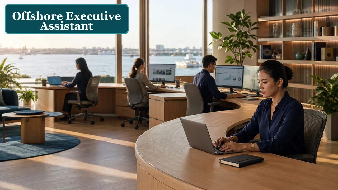 Offshore executive assistant working in the foreground of a coordinated remote operations team