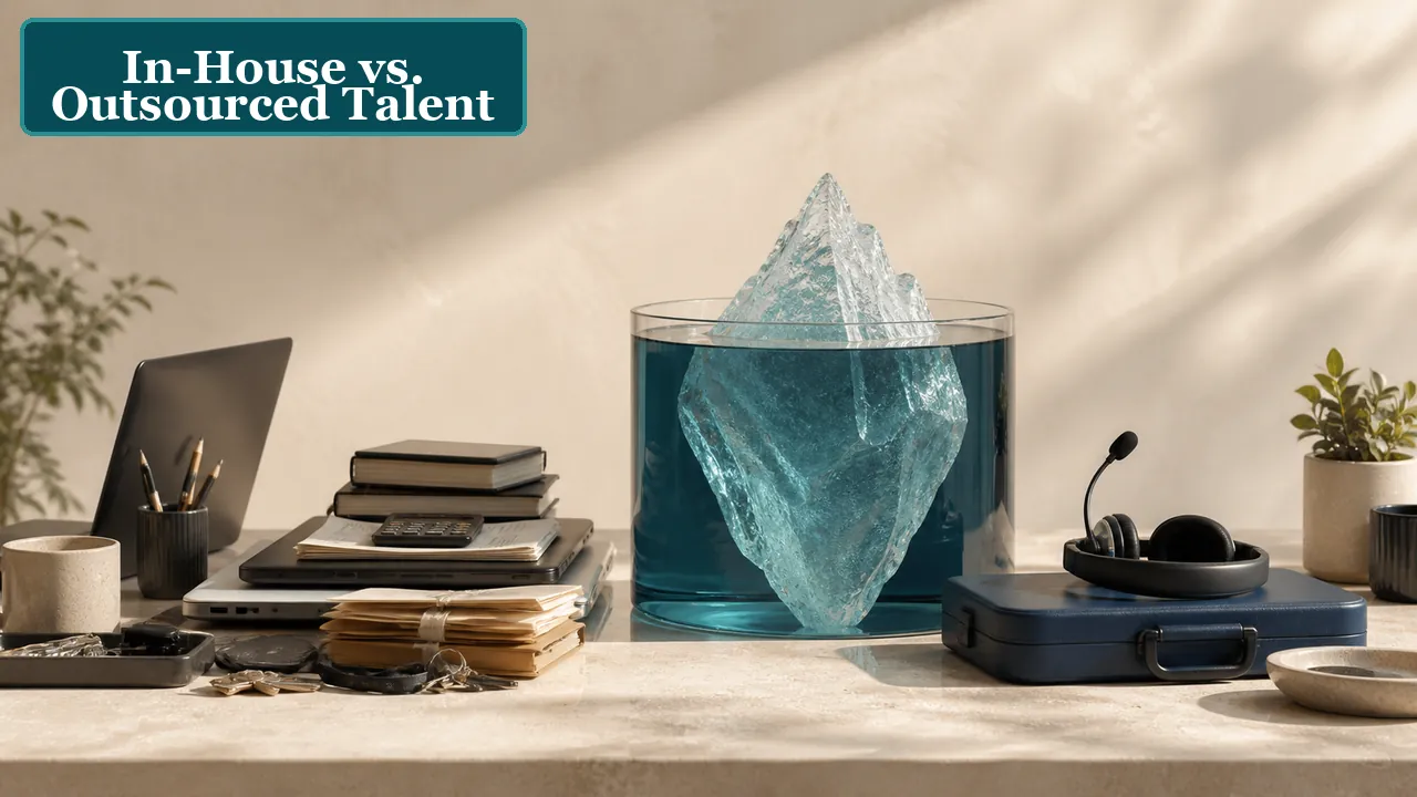 Cost iceberg and work setups comparing the total cost of in-house and outsourced talent