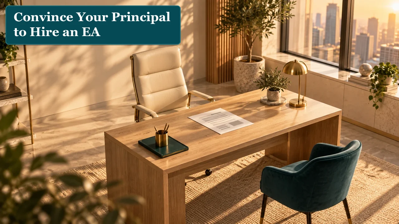 A sunlit executive office with a cream leader's chair and a teal guest chair facing each other across a desk, a single proposal page between them