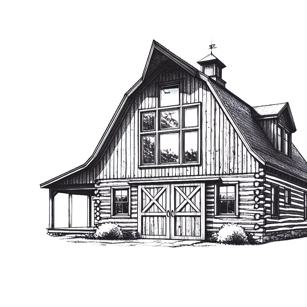 A black and white drawing of a barn.