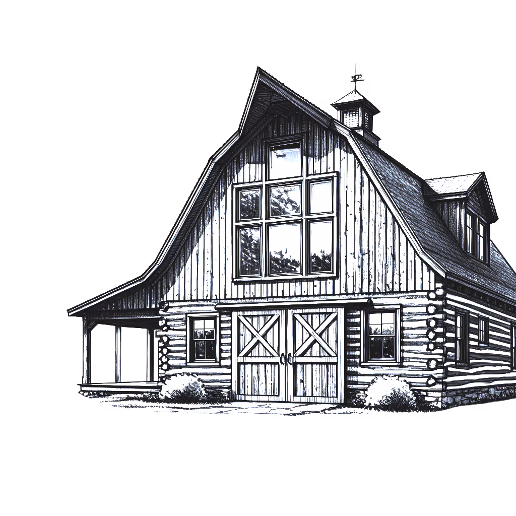 A black and white drawing of a barn.
