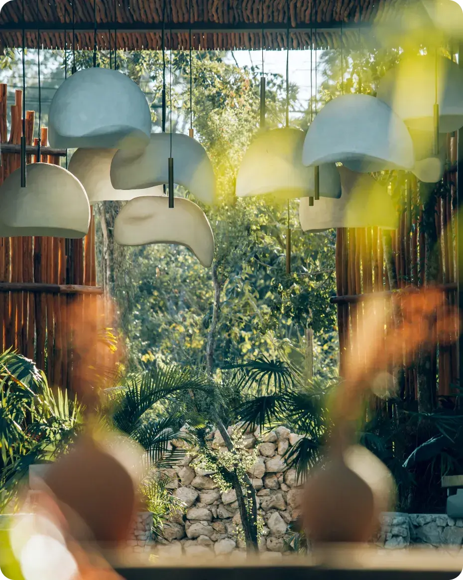 vista-entrada-puerta-bamboo-lamparas-pared-piedra