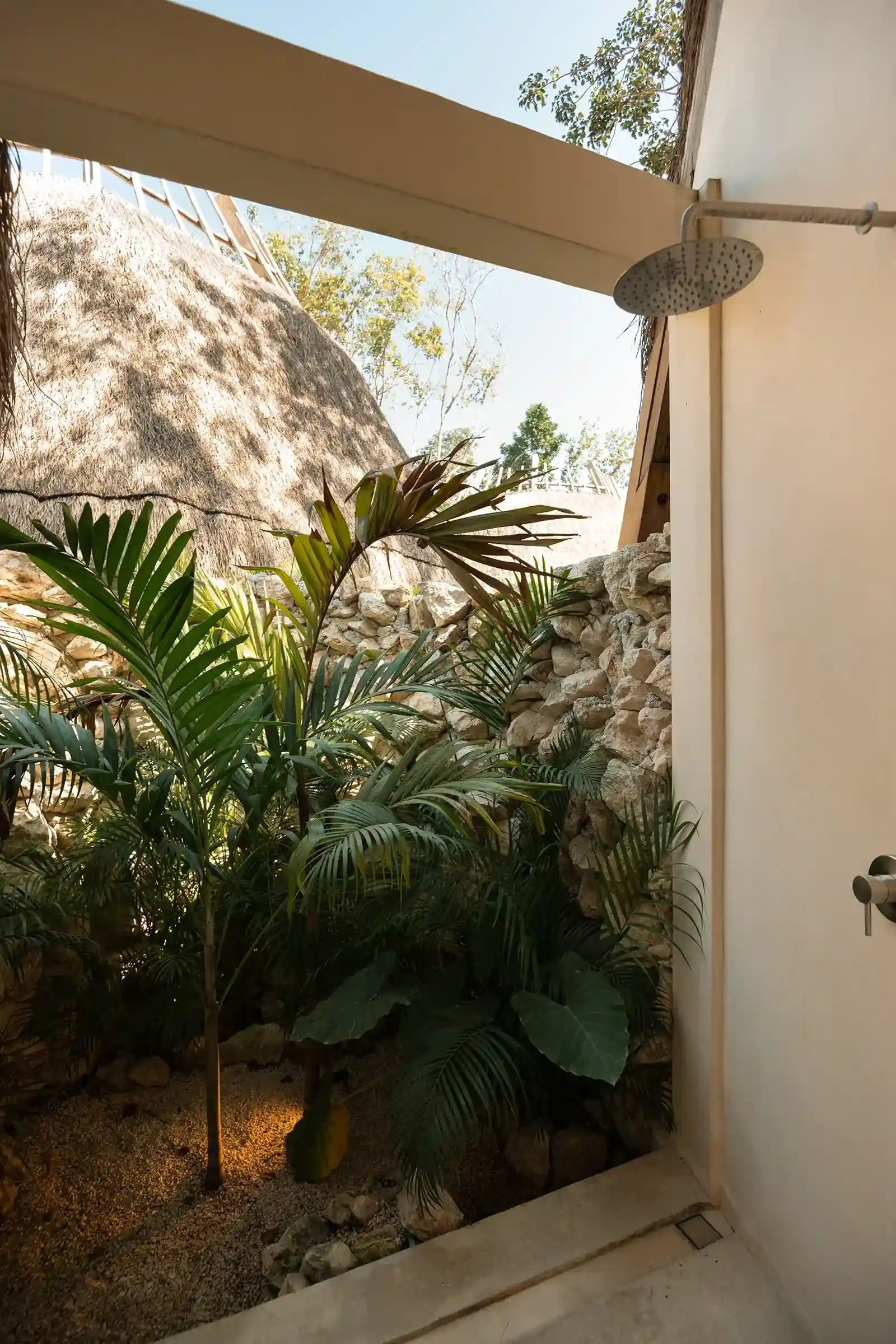 ducha-regadera-muro-piedra-plantas