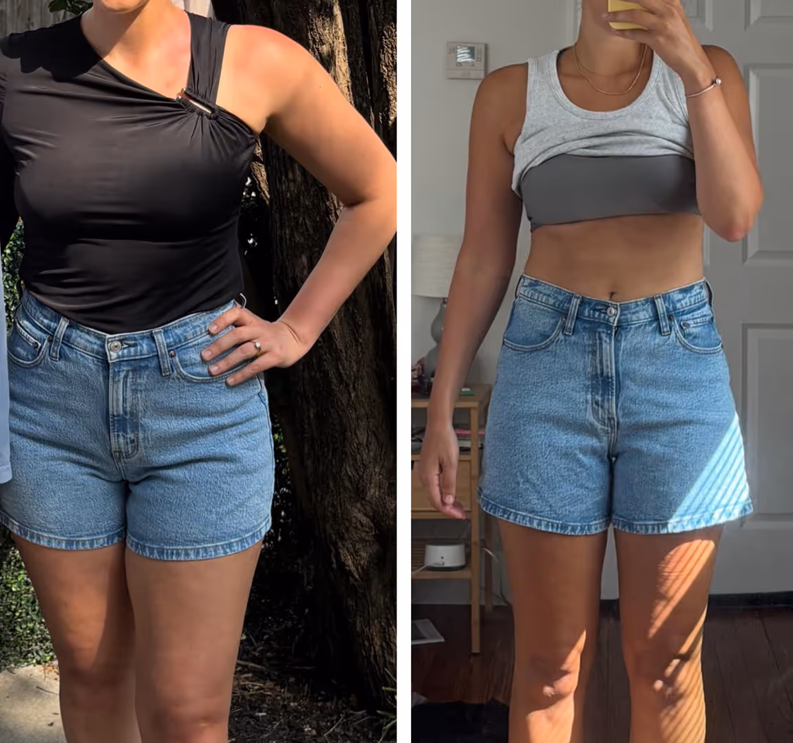 Side-by-side images of one woman showing her body weight loss.