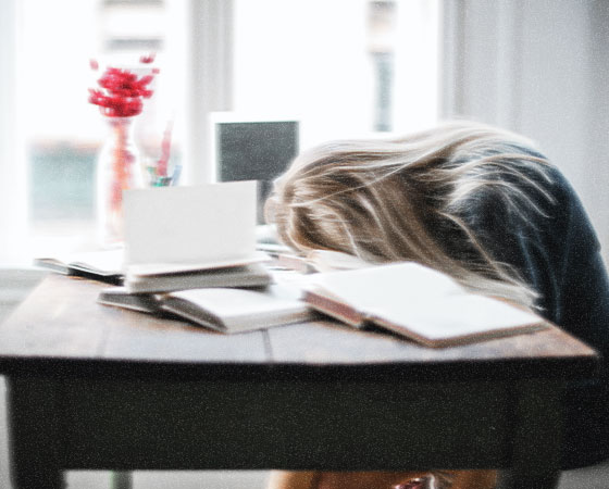 A person with blonde hair rests their head down on a wooden desk covered with open books, appearing tired or overwhelmed while studying. A laptop computer sits open on the desk along with a small vase containing red flowers. Bright natural light streams through large windows in the background, creating a peaceful study environment despite the apparent exhaustion