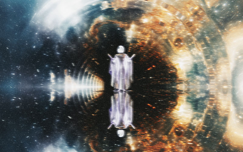 A distorted, kaleidoscopic image with a person in a reflective purple robe at the center. The surrounding space is a swirling vortex of deep blues, starry nebulae, and warm, coppery tones, resembling a tunnel or wormhole through space. The person appears to be floating or standing at the end of this cosmic tunnel, their reflection visible below them. The overall effect is surreal and otherworldly.