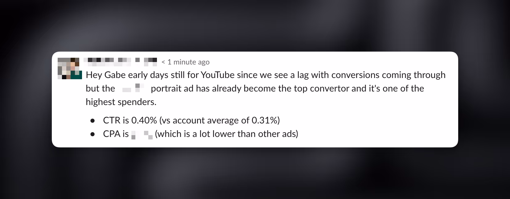 Message discussing a YouTube ad performance update, noting a lag in conversions overall but highlighting a specific portrait ad as a top convertor with a 0.40% CTR and lower CPA.