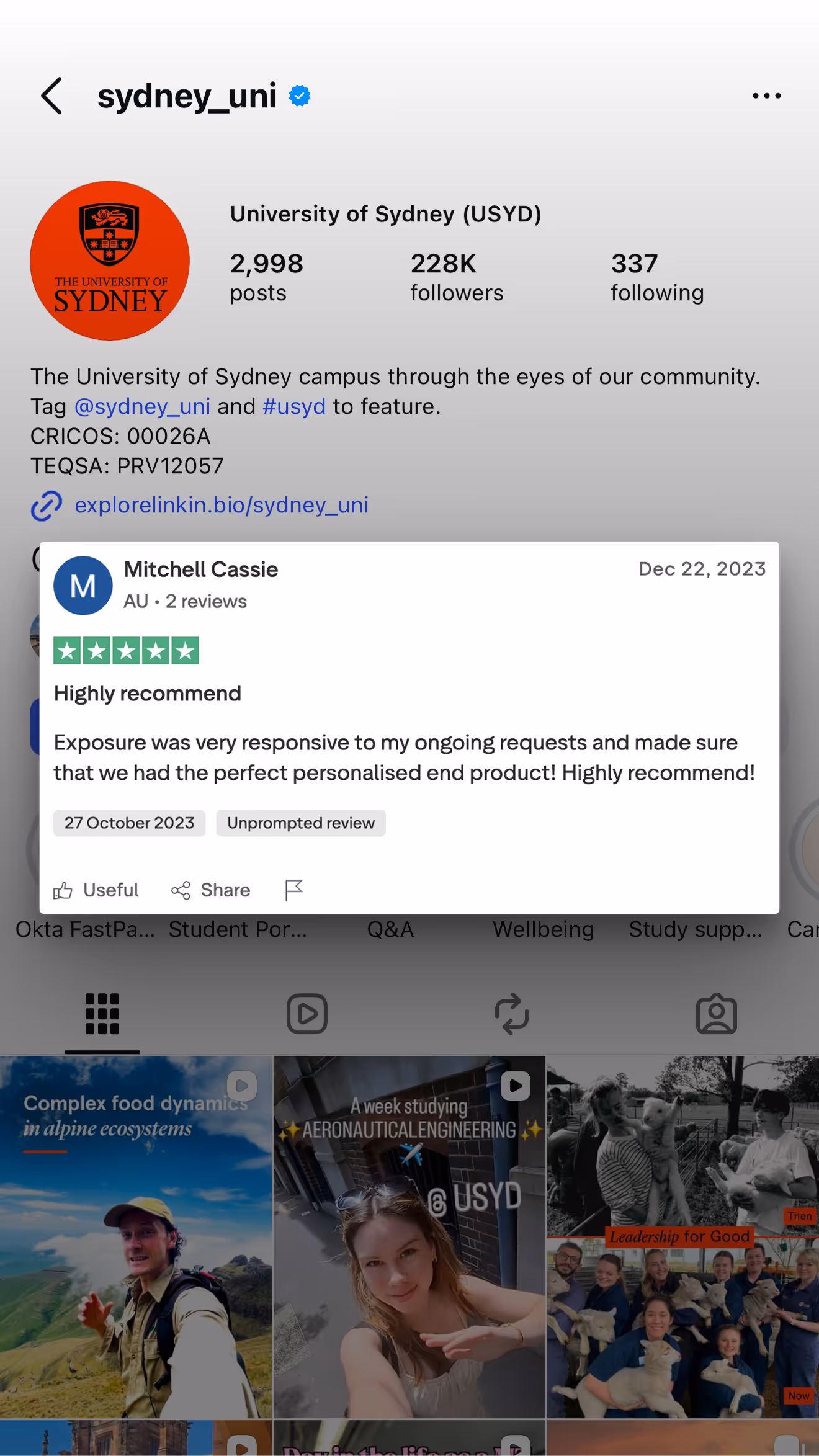Screenshot of University of Sydney Instagram profile with 2,998 posts, 228K followers, and a 5-star Trustpilot review praising responsive and personalized service dated Dec 22, 2023.