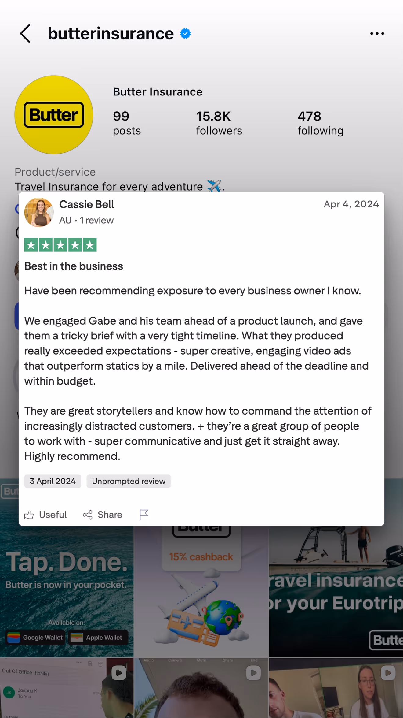 Instagram profile of Butter Insurance showing 99 posts, 15.8K followers, and 478 following, with a highlighted positive customer review praising their creative video ads and communication.