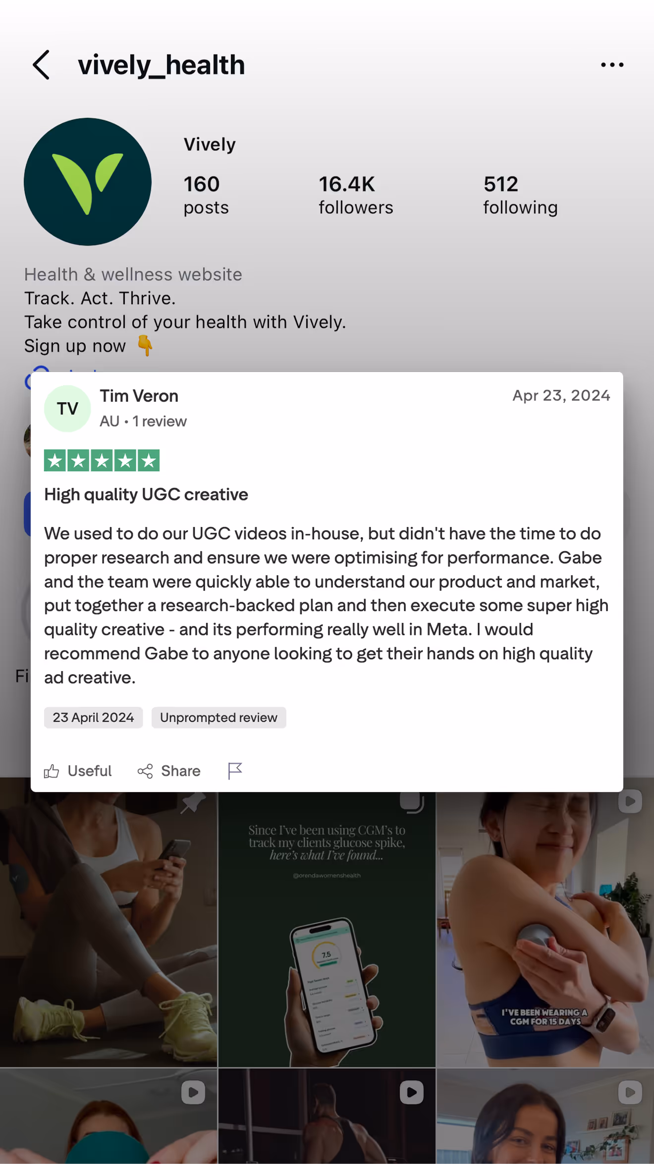 Instagram profile of vively_health showing 160 posts, 16.4K followers, description about health with a highlighted user review praising high quality UGC creative by Gabe and team.