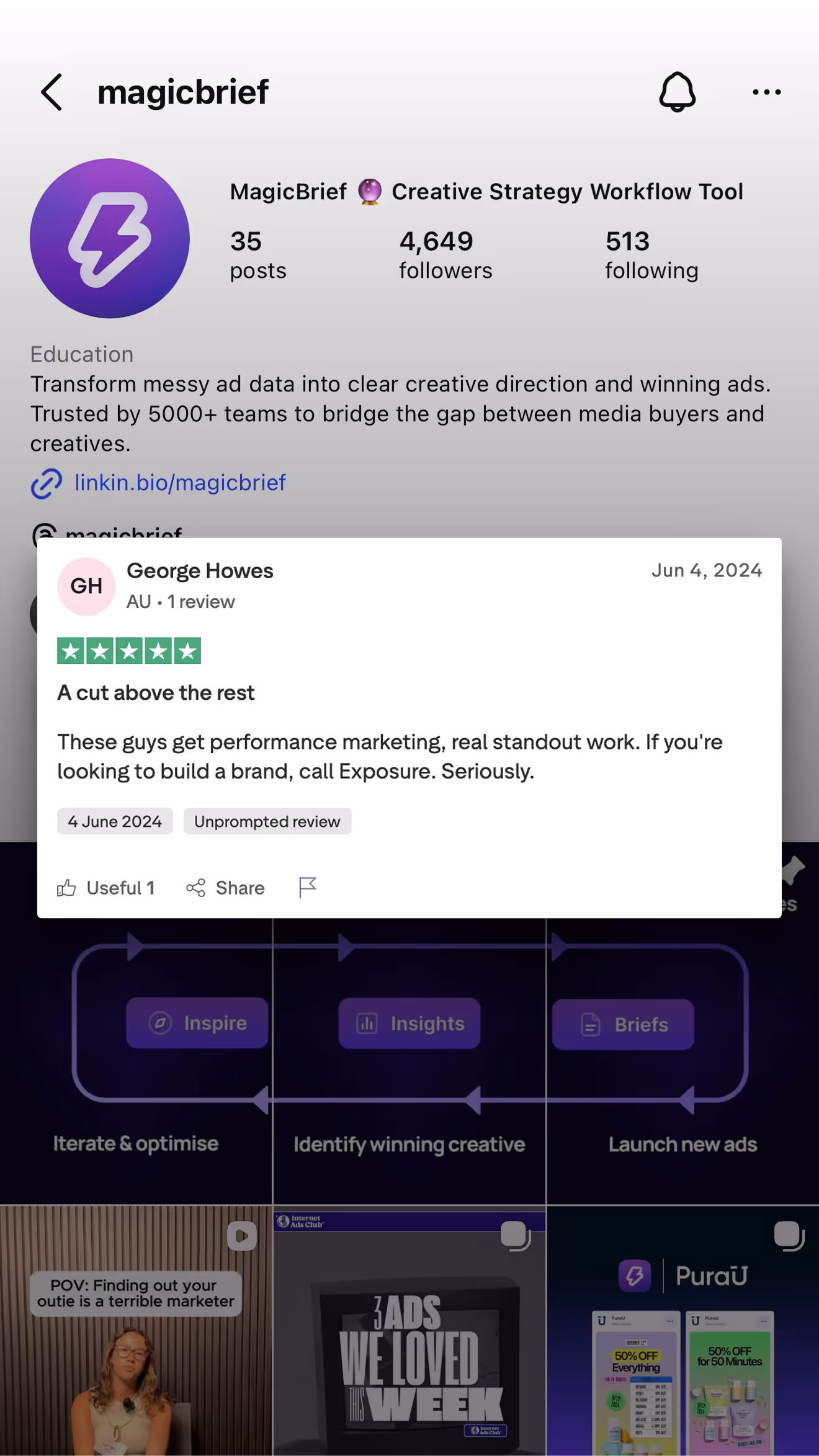 Instagram profile of MagicBrief, a creative strategy workflow tool with 35 posts, 4,649 followers, and 513 following, featuring a 5-star customer review praising performance marketing and brand building.