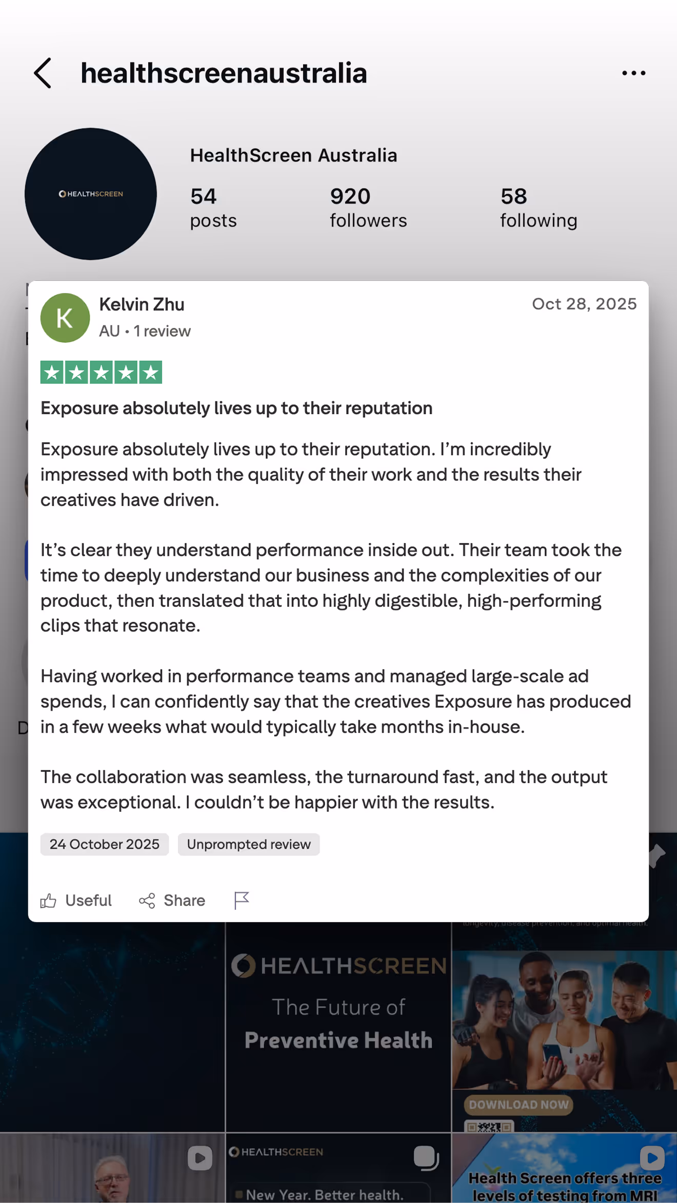 Instagram profile of HealthScreen Australia showing 54 posts, 920 followers, and 58 following with a detailed 5-star review by Kelvin Zhu praising Exposure's performance and creativity.