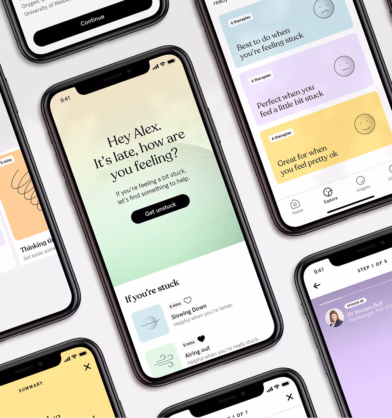 Photograph of several smartphones displaying different screens from the Mello app