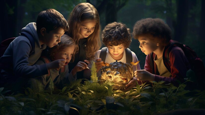 Bilde av elever som ser nærmere på noe spennende