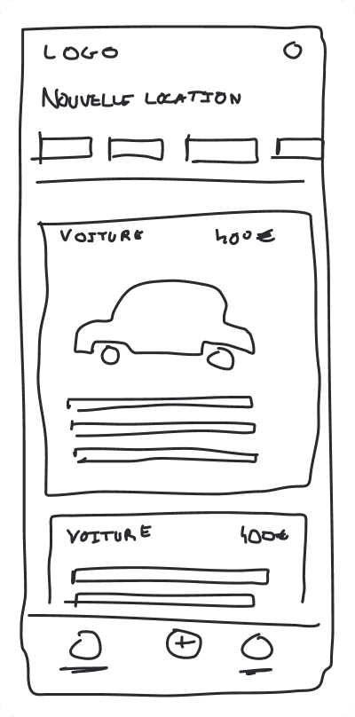 Wireframe mobile d'une application de location de voitures.