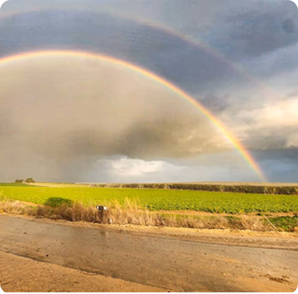Double rainbow arching over Kibbutz Be'eri fields.
