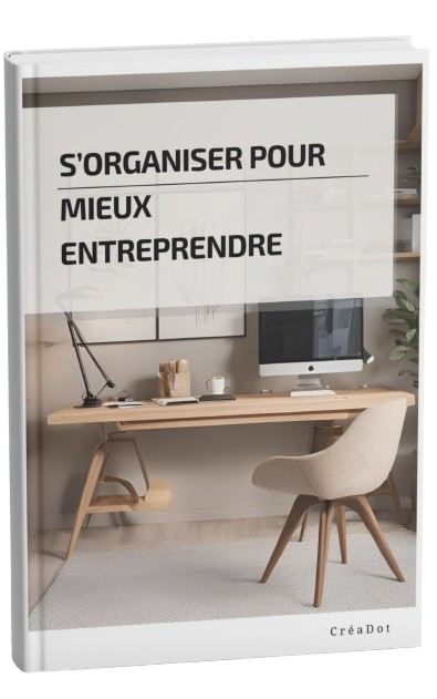 Couverture de livre du eBook "S'organiser pour mieux entreprendre" avec un bureau et une chaise