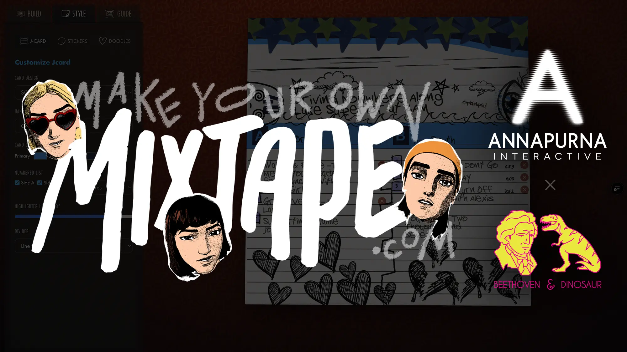 Make Your Own Mixtape homepage with layered game-inspired artwork and cassette tape interface