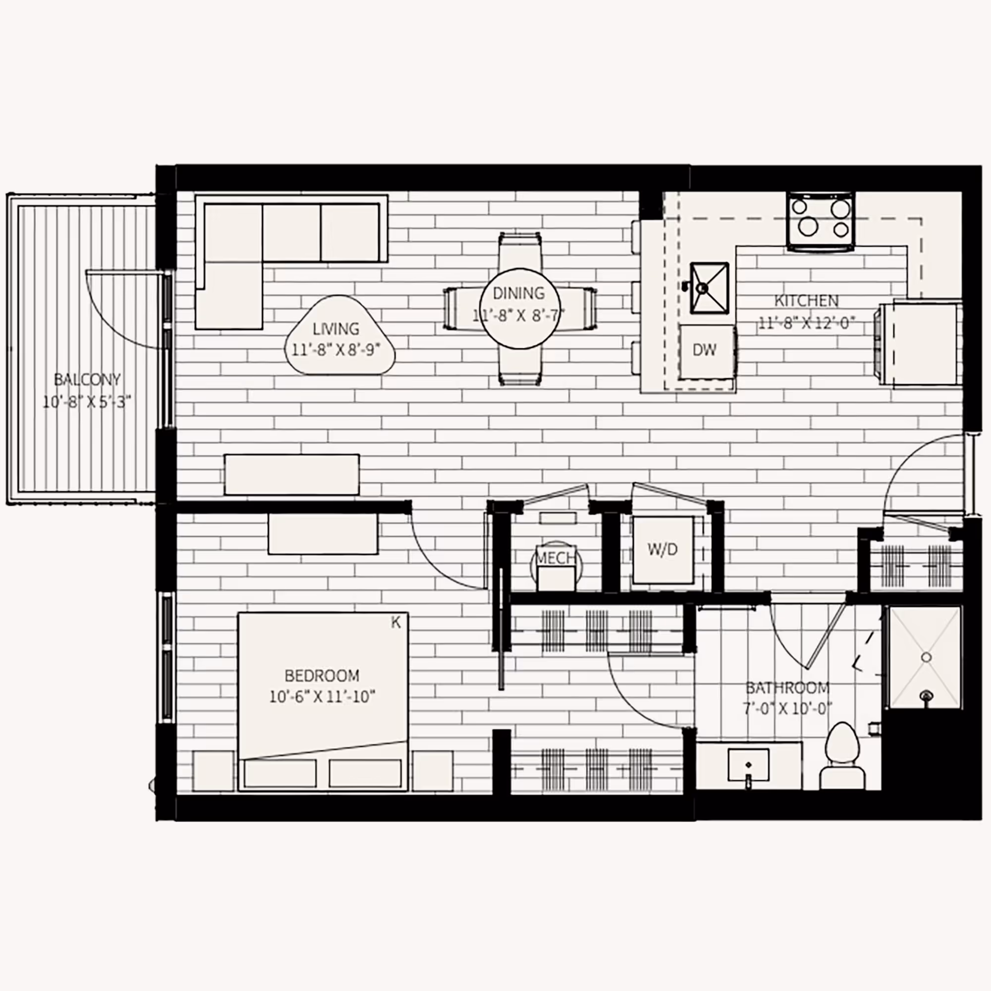 Floor plan showing a one bedroom residence at Sage Portsmouth.