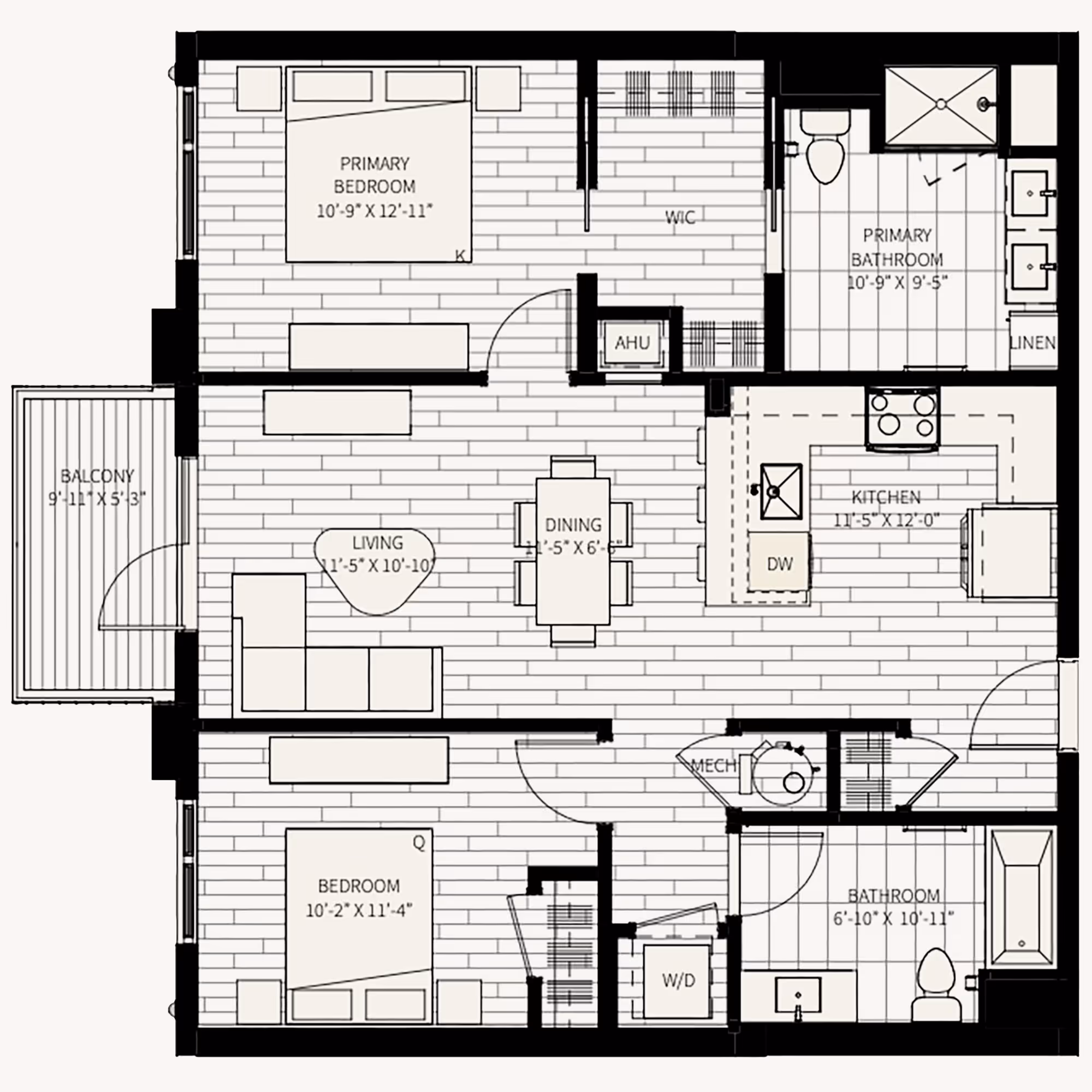 Floor plan showing a two bedroom residence at Sage Portsmouth.