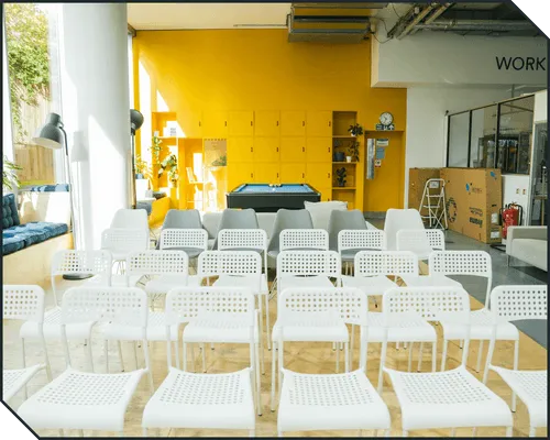 Rows of chairs laid out for an event at Central Research Laboratory