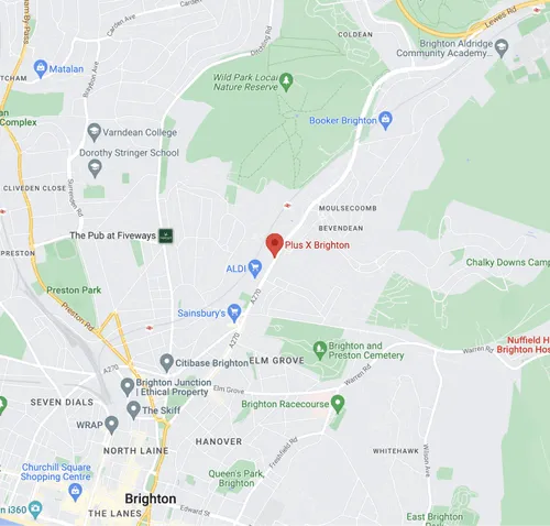 A map of the local Plus X Innovation, Brighton area.