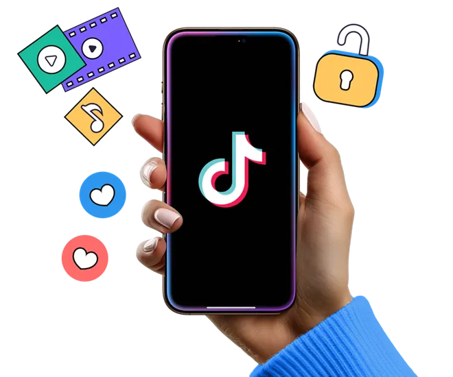 Hand holding a smartphone displaying the TikTok logo, surrounded by icons for video, music, likes, and an unlocked padlock.