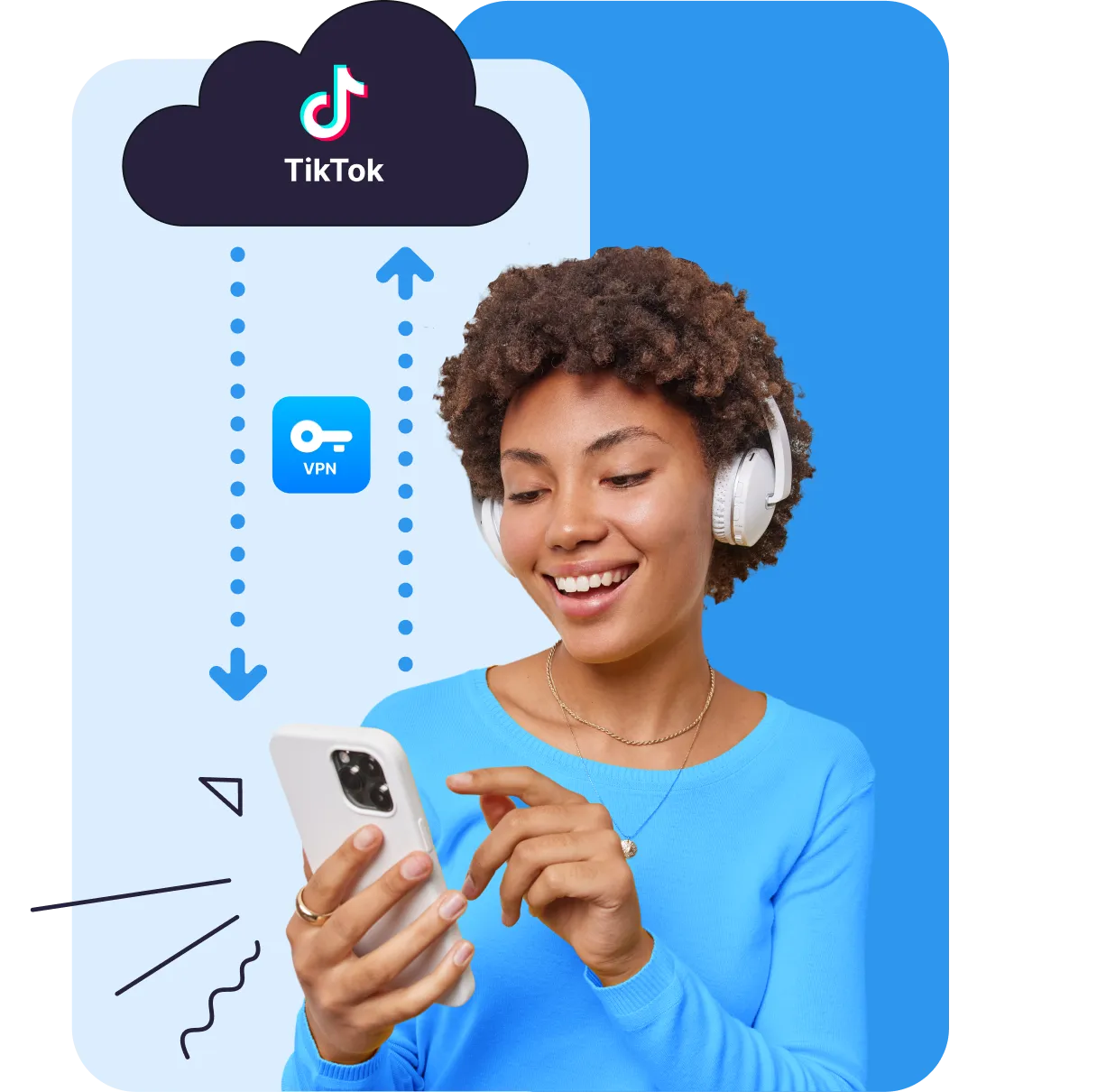 Woman with curly hair wearing white headphones and a blue shirt smiling and using a smartphone with TikTok and VPN icons above her.