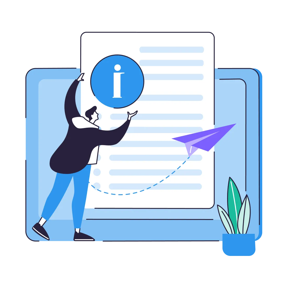 Illustration of a person holding a large information icon next to a document on a digital tablet, with a purple paper airplane flying and a potted plant nearby.