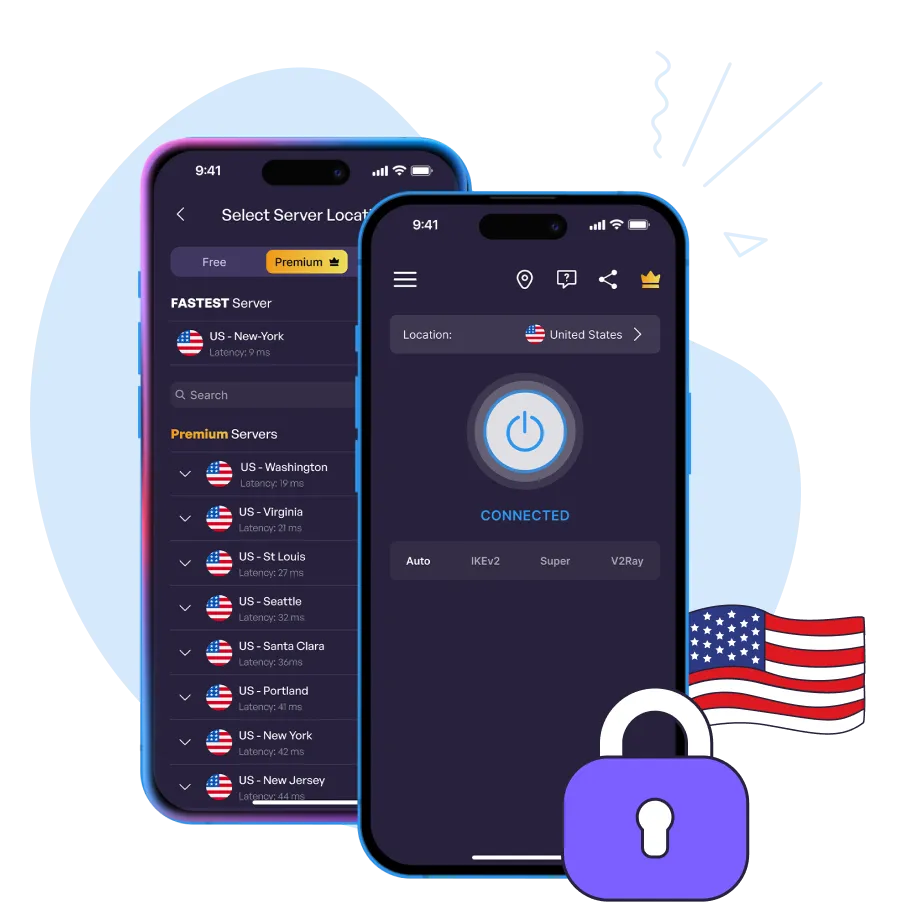 Two smartphones displaying a VPN app interface with US server locations and a connected status, accompanied by a purple padlock and a small US flag.