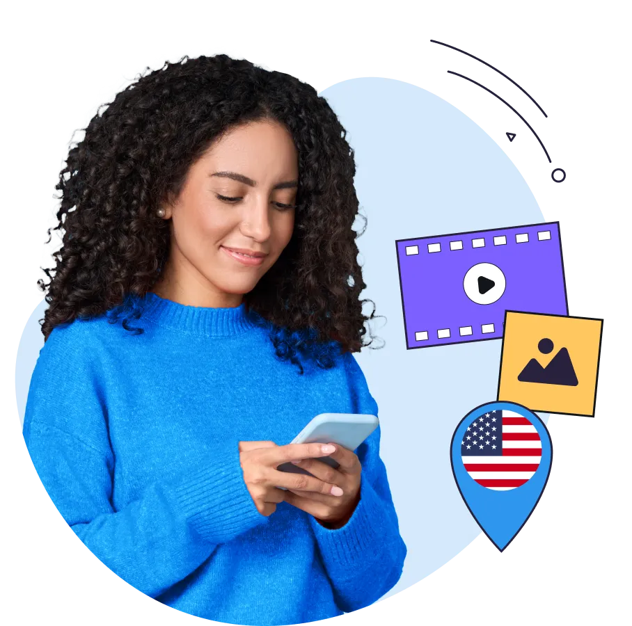 Woman with curly hair in a blue sweater smiling and using a smartphone with icons for video, image, and U.S. location marker around her.