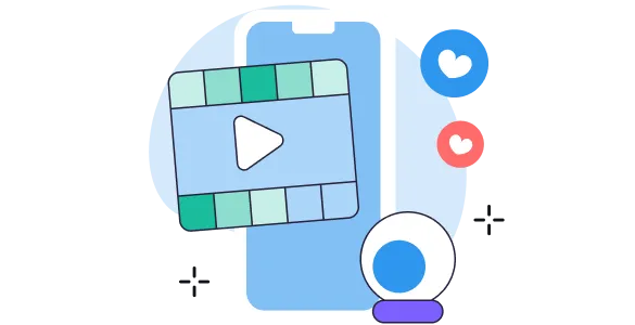Illustration of a smartphone with a video play button overlay, a webcam, and heart-shaped like icons in blue and red.