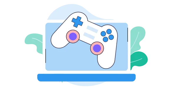 Illustration of a white game controller with blue and pink buttons hovering over a laptop screen.