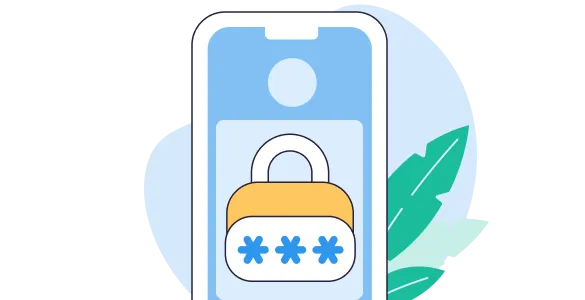 Illustration of a smartphone displaying a padlock with a password field filled with asterisks.