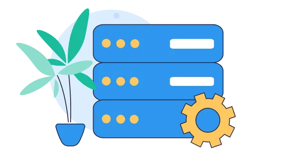 Illustration of three blue stacked server units with yellow status lights, a yellow gear icon, and a green potted plant beside them.