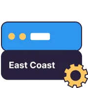 Blue browser window with two yellow circles and a white rectangle above the text 'East Coast' and a yellow gear icon in the bottom right corner.