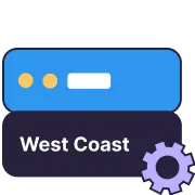 Blue browser window icon above a dark bar labeled West Coast with a purple gear symbol.